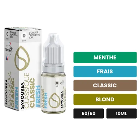 E-liquide Classic Fresh de Savourea, 10 ml, saveurs menthe, frais, classic et 1 autre.