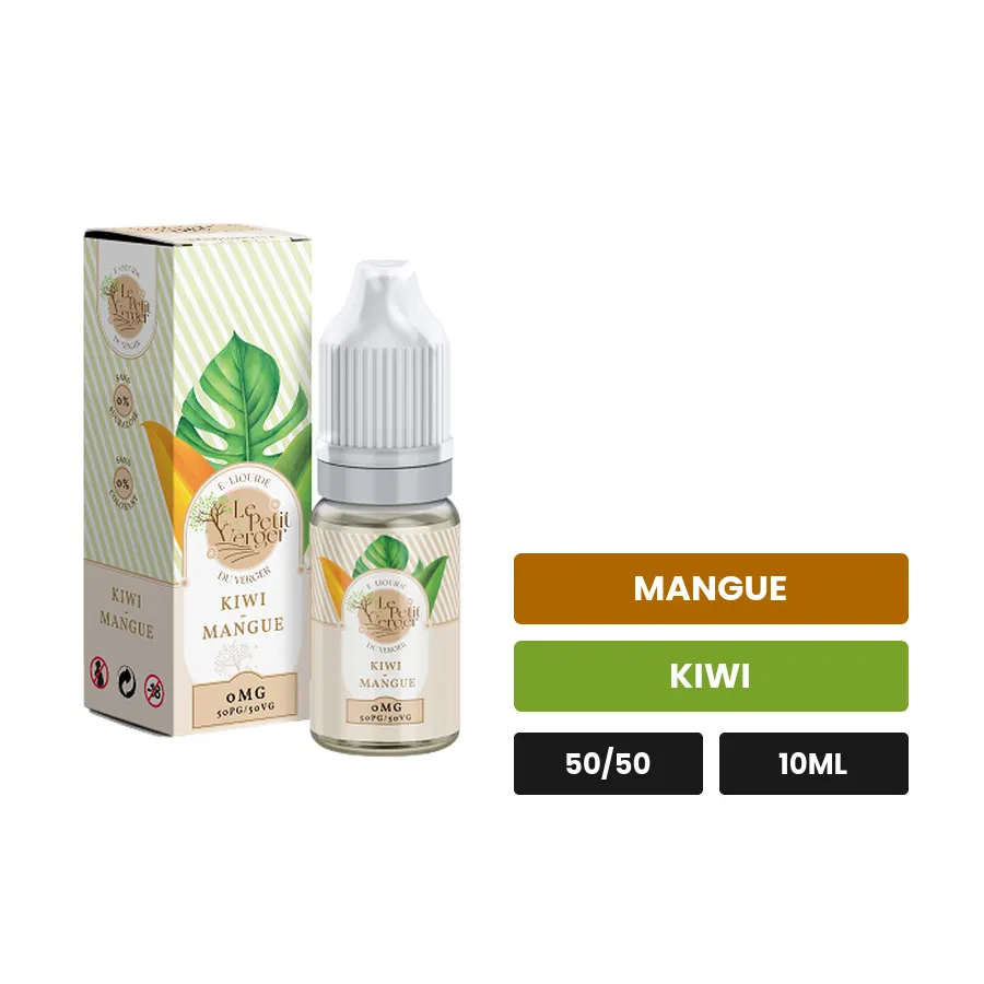E-liquide Kiwi Mangue Le Petit Verger de Savourea, 10 ml, saveurs mangue et kiwi, 3 mg de nicotine.
