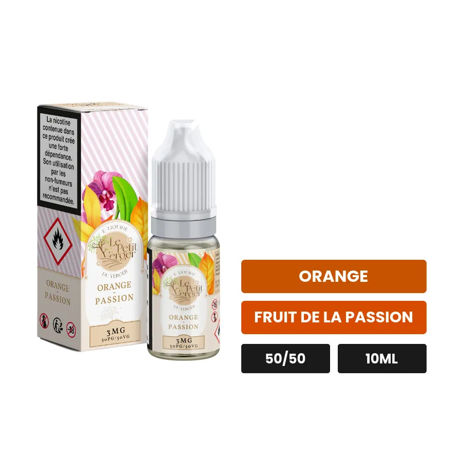 E-liquide Orange Passion Le Petit Verger de Savourea, 10 ml, saveurs orange et fruit de la passion, 3 mg de nicotine.