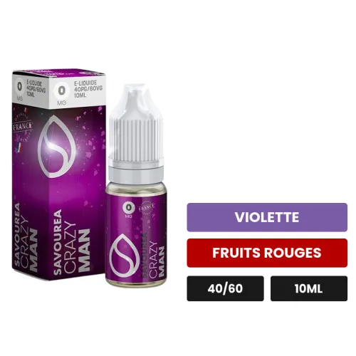 E-liquide Crazy Man de Savourea, 10 ml, saveurs violette et fruits rouges, 3 mg de nicotine.