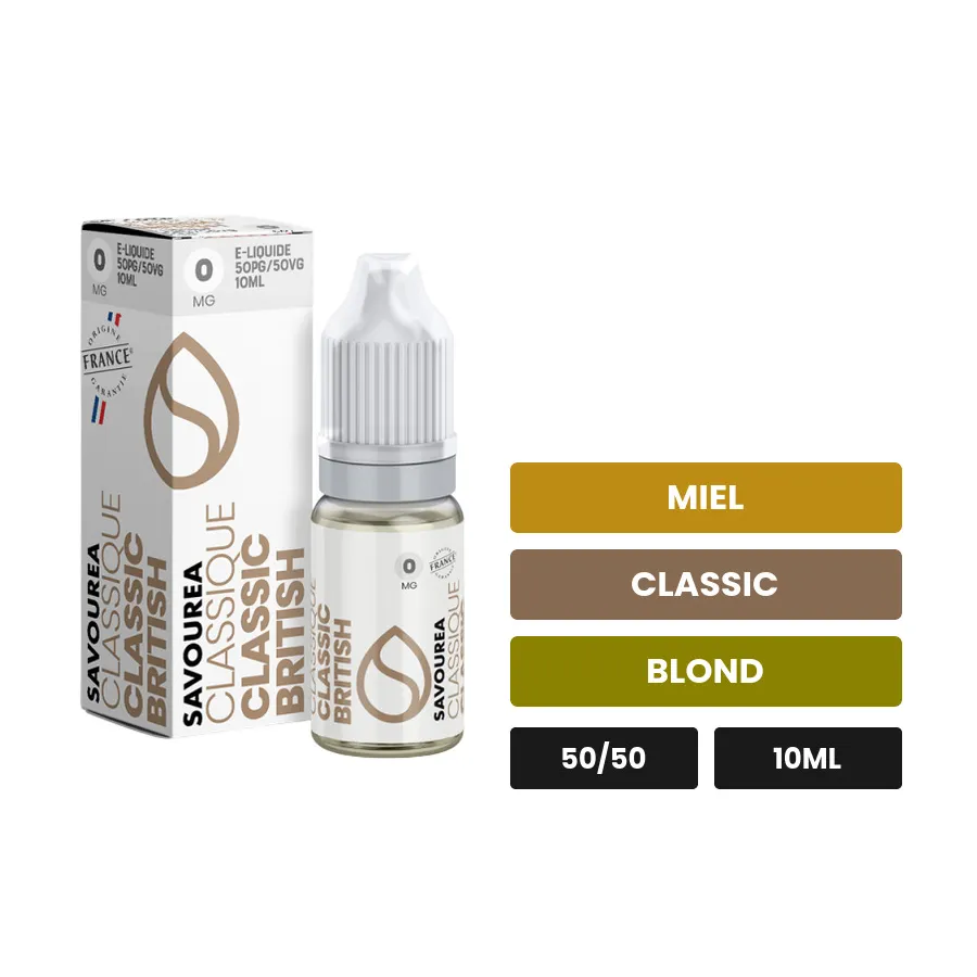 E-liquide Classic British Classic de Savourea, 10 ml, saveurs miel, classic et blond.