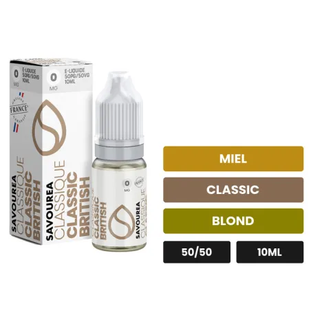 E-liquide Classic British Classic de Savourea, 10 ml, saveurs miel, classic et blond.