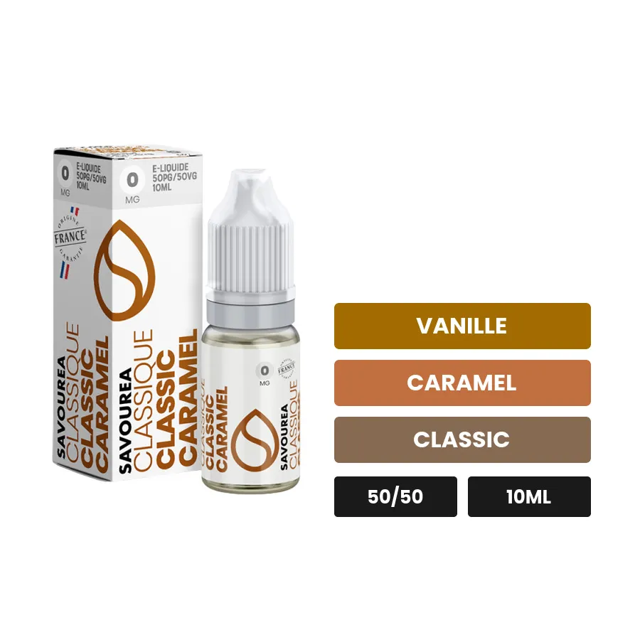 E-liquide Classic Caramel Classic de Savourea, 10 ml, saveurs vanille, caramel et classic.