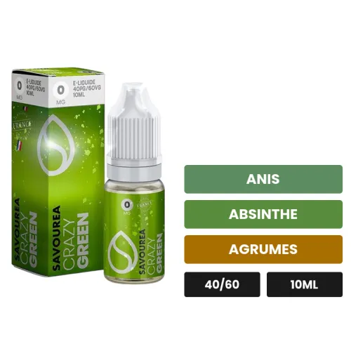 E-liquide Crazy Green de Savourea, 10 ml, saveurs anis, absinthe et agrumes.